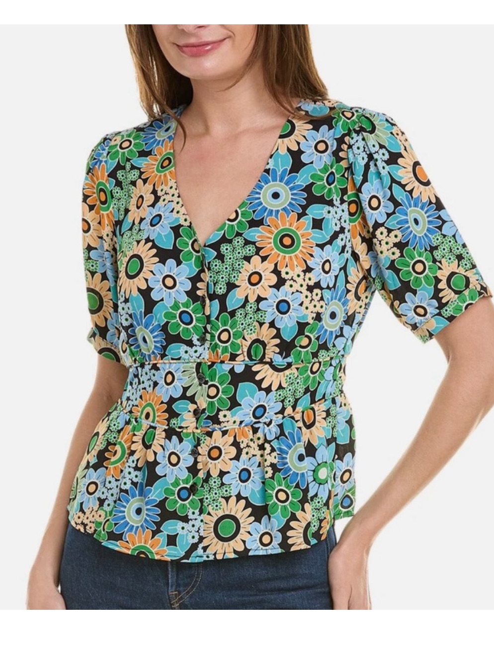 Cabi Multi Floral V-Neck Button Up Button Peplum Top